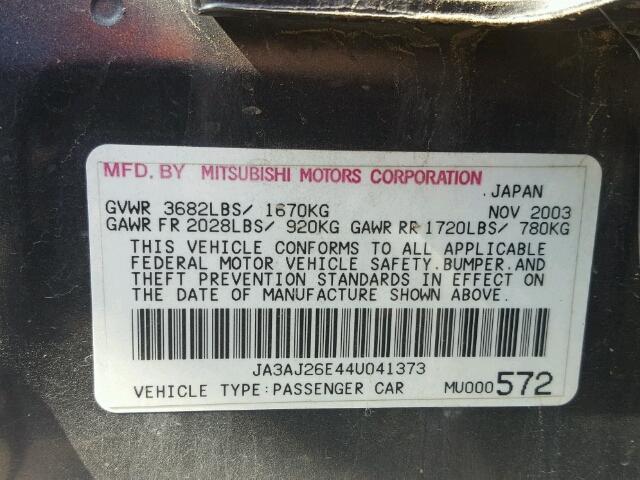 JA3AJ26E44U041373 - 2004 MITSUBISHI LANCER ES GRAY photo 10