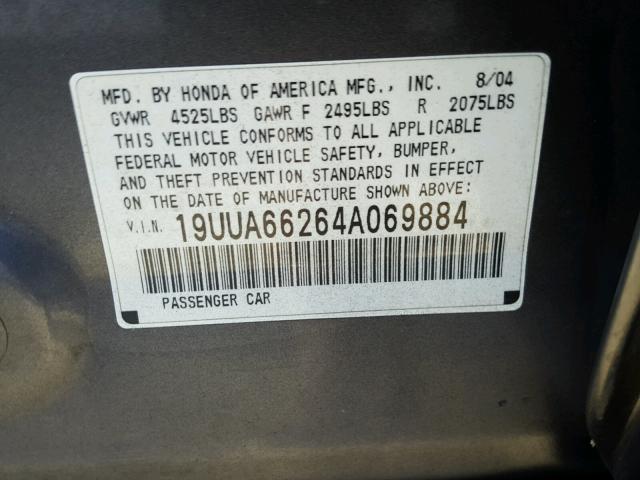 19UUA66264A069884 - 2004 ACURA TL SILVER photo 10