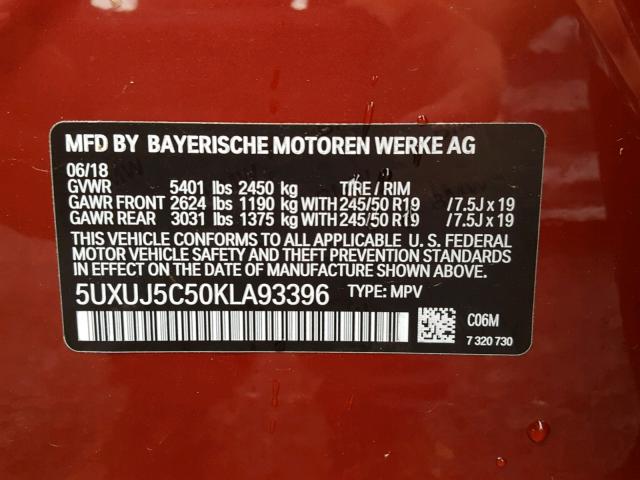 5UXUJ5C50KLA93396 - 2019 BMW X4 XDRIVE RED photo 10