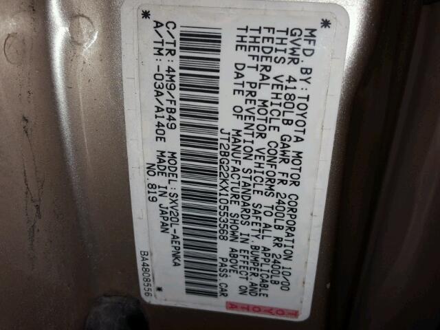 JT2BG22KX10553568 - 2001 TOYOTA CAMRY GOLD photo 10