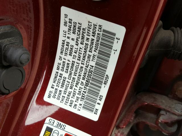 19XFA1F96BE003014 - 2011 HONDA CIVIC EXL წითელი ფოტო 10