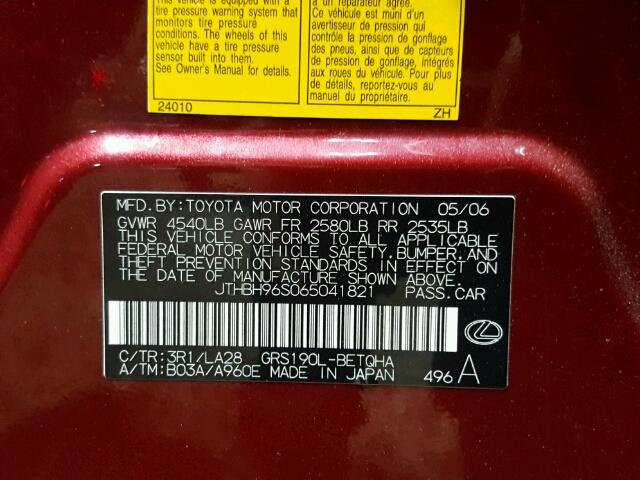 JTHBH96S065041821 - 2006 LEXUS GS GENERAT RED photo 10