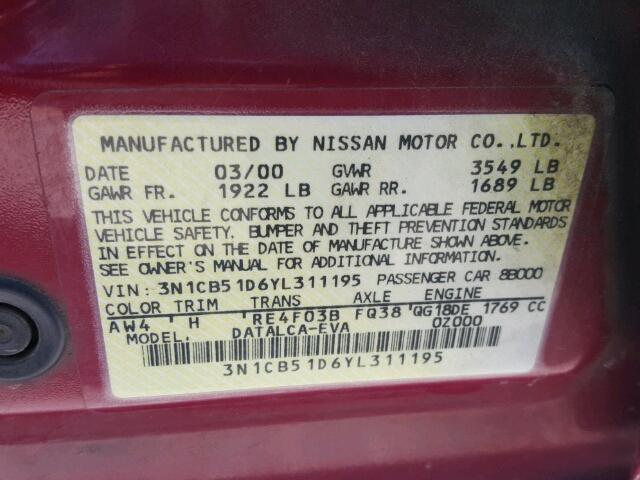 3N1CB51D6YL311195 - 2000 NISSAN SENTRA BAS RED photo 10