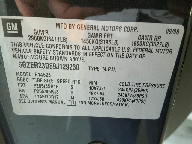 5GZER23D89J129230 - 2009 SATURN OUTLOOK XR შავი ფოტო 10