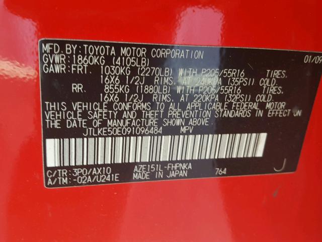 JTLKE50E091096484 - 2009 TOYOTA SCION XB 红色 照片 10
