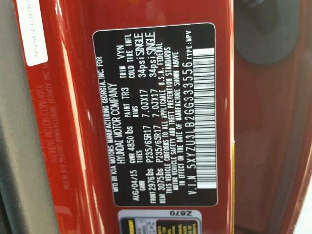 5XYZU3LB2GG333556 - 2016 HYUNDAI SANTA FE S 红色 照片 10