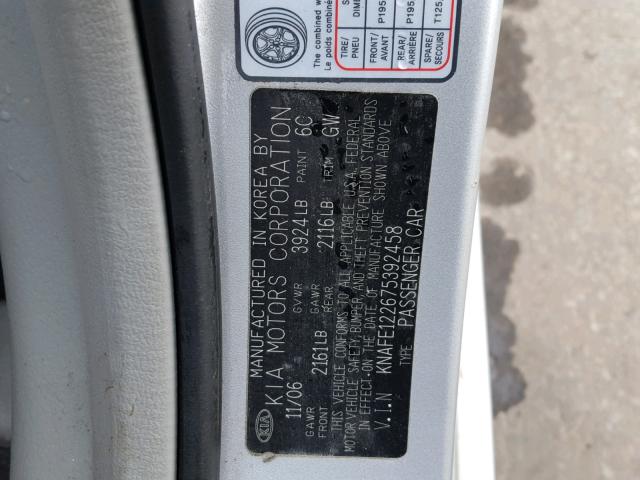 KNAFE122675392458 - 2007 KIA SPECTRA EX SILVER photo 10