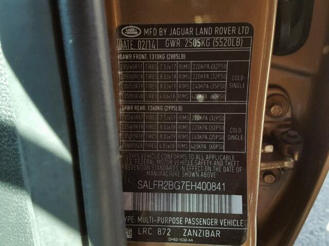 SALFR2BG7EH400841 - 2014 LAND ROVER LR2 HSE GOLD photo 10