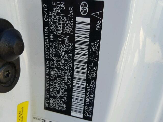 JTKJF5C70D3047356 - 2013 TOYOTA SCION TC 白色 照片 10