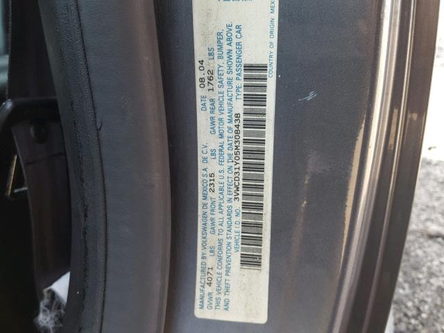 3VWCD31Y05M308438 - 2005 VOLKSWAGEN NEW BEETLE ნაცრისფერი ფოტო 10