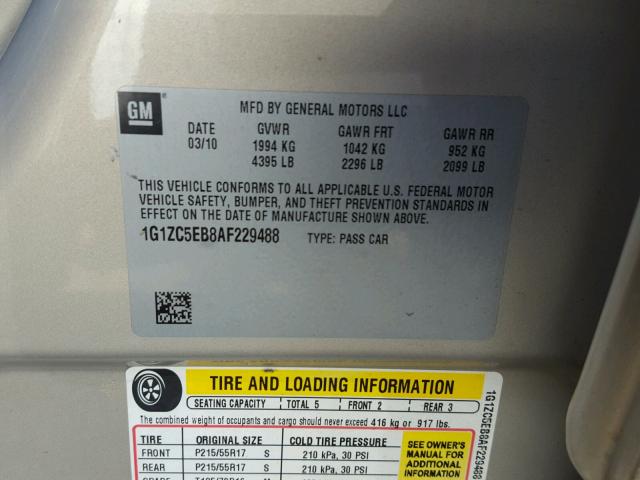 1G1ZC5EB8AF229488 - 2010 CHEVROLET MALIBU 1LT BEIGE photo 10