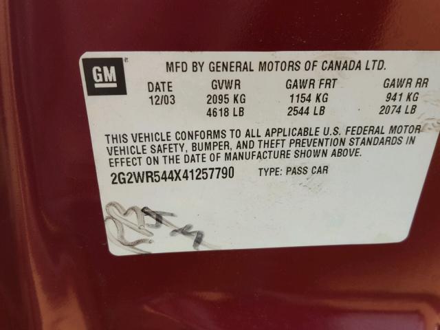 2G2WR544X41257790 - 2004 PONTIAC GRAND PRIX Բորդո լուսանկար 10