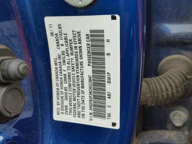 2HGFB2F58CH513047 - 2012 HONDA CIVIC BLUE photo 10