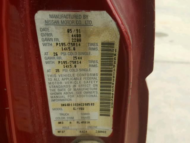 1N6SD11S3MC398583 - 1991 NISSAN TRUCK SHOR RED photo 10