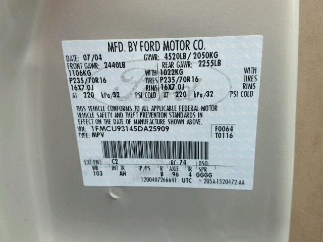 1FMCU93145DA25909 - 2005 FORD ESCAPE XLT TAN photo 10