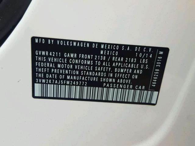 3VW2K7AJ5FM249772 - 2015 VOLKSWAGEN JETTA BASE 白色 照片 10