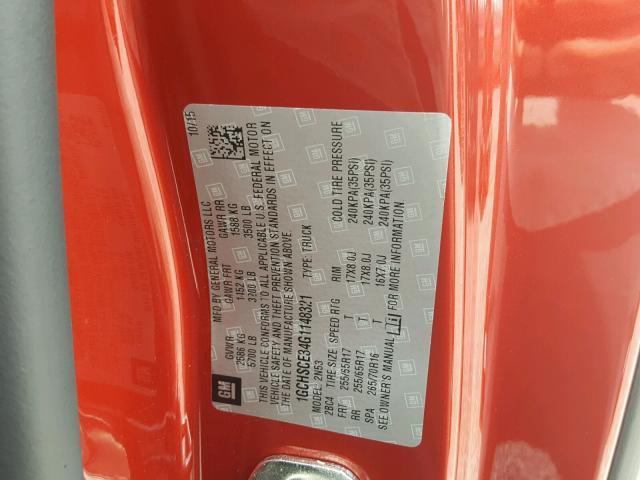 1GCHSCE34G1148321 - 2016 CHEVROLET COLORADO L BURGUNDY photo 10