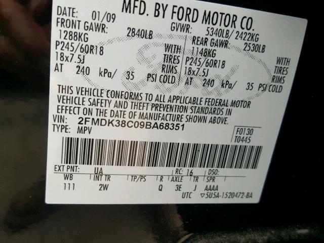 2FMDK38C09BA68351 - 2009 FORD EDGE SEL BLACK photo 10