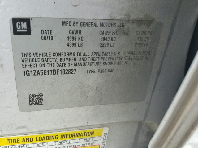 1G1ZA5E17BF102827 - 2011 CHEVROLET MALIBU LS ვერცხლისფერი ფოტო 10