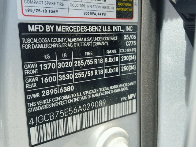 4JGCB75E56A029089 - 2006 MERCEDES-BENZ R 500 SILVER photo 10