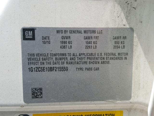 1G1ZC5E10BF215559 - 2011 CHEVROLET MALIBU 1LT WHITE photo 10