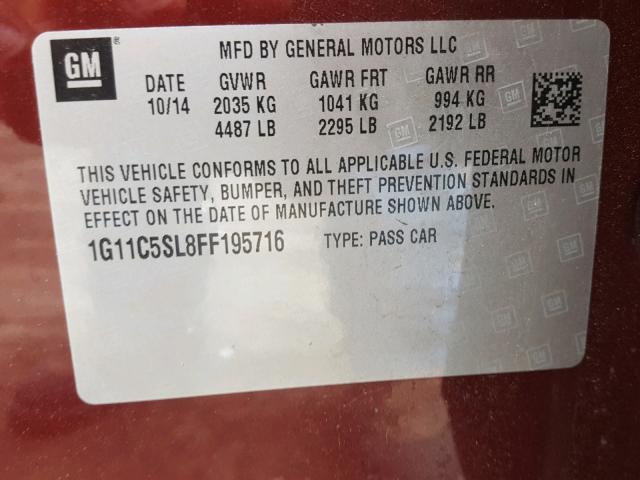 1G11C5SL8FF195716 - 2015 CHEVROLET MALIBU 1LT 红色 照片 10