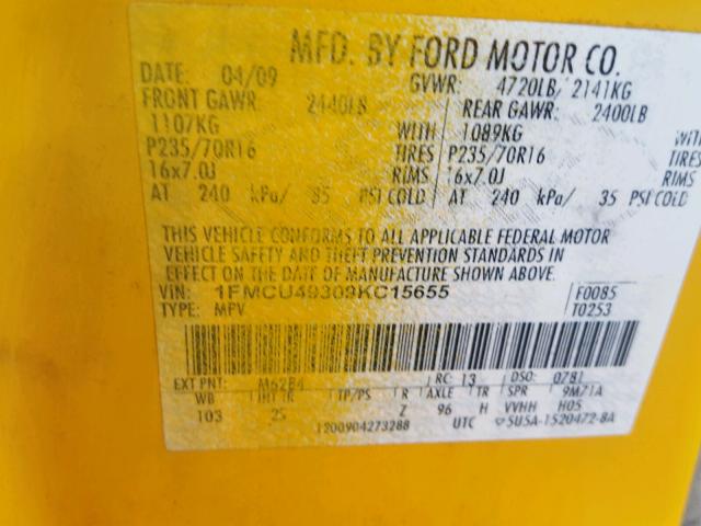 1FMCU49309KC15655 - 2009 FORD ESCAPE HYB YELLOW photo 10