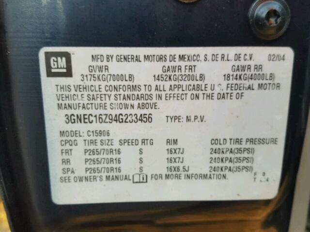 3GNEC16Z94G233456 - 2004 CHEVROLET SUBURBAN BLUE photo 10