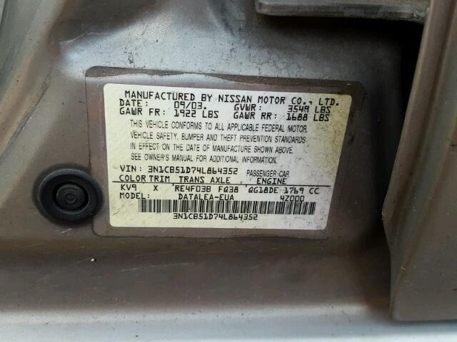 3N1CB51D74L864352 - 2004 NISSAN SENTRA 1.8 WHITE photo 10