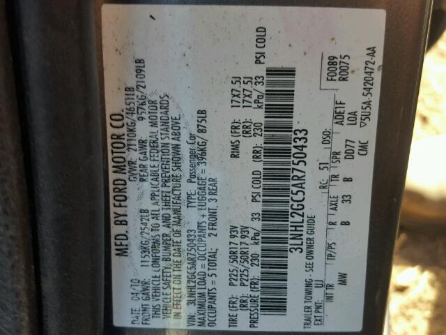 3LNHL2GC5AR750433 - 2010 LINCOLN MKZ GRAY photo 10