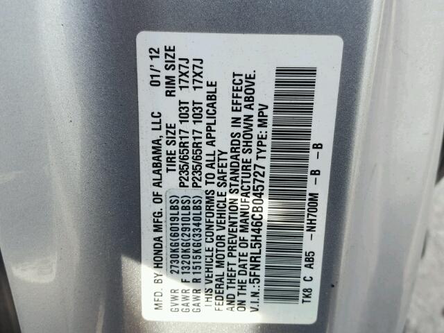 5FNRL5H46CB045727 - 2012 HONDA ODYSSEY SILVER photo 10