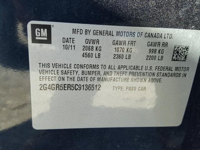 2G4GR5ER5C9136512 - 2012 BUICK REGAL BLUE photo 10