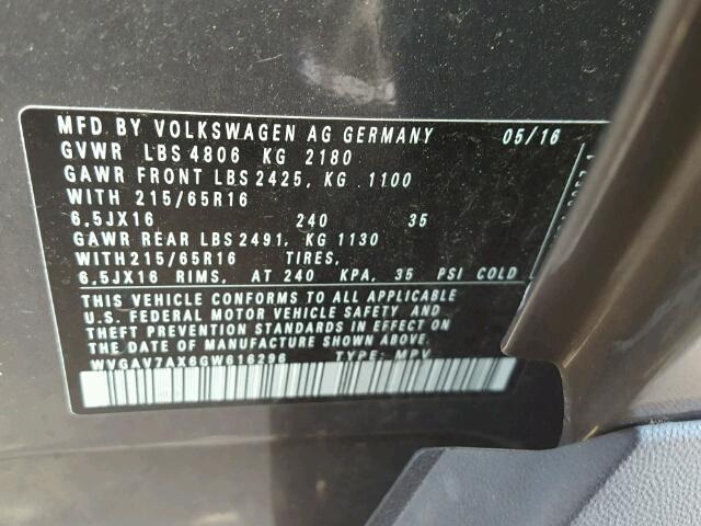 WVGAV7AX6GW616296 - 2016 VOLKSWAGEN TIGUAN S/S GRAY photo 10