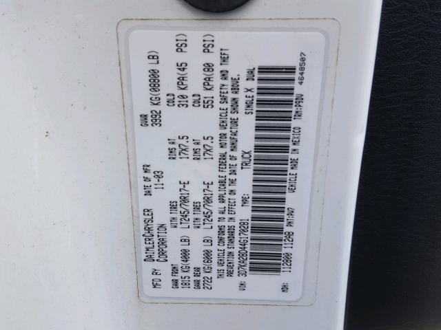 3D7KA28D44G170281 - 2004 DODGE RAM 2500 S WHITE photo 10