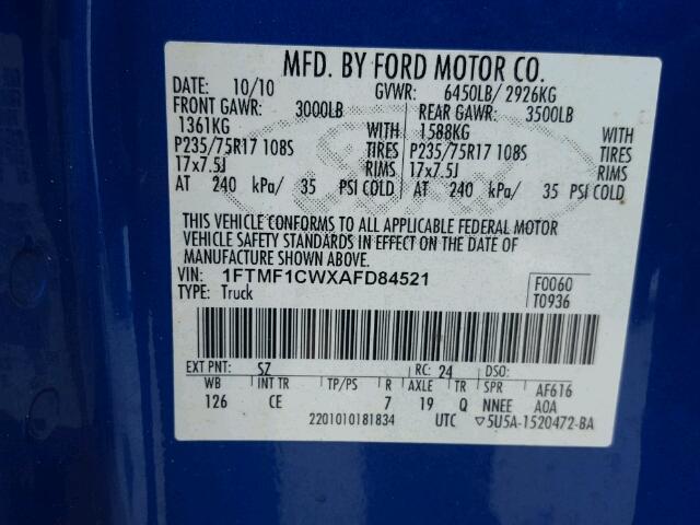 1FTMF1CWXAFD84521 - 2010 FORD F150 BLUE photo 10