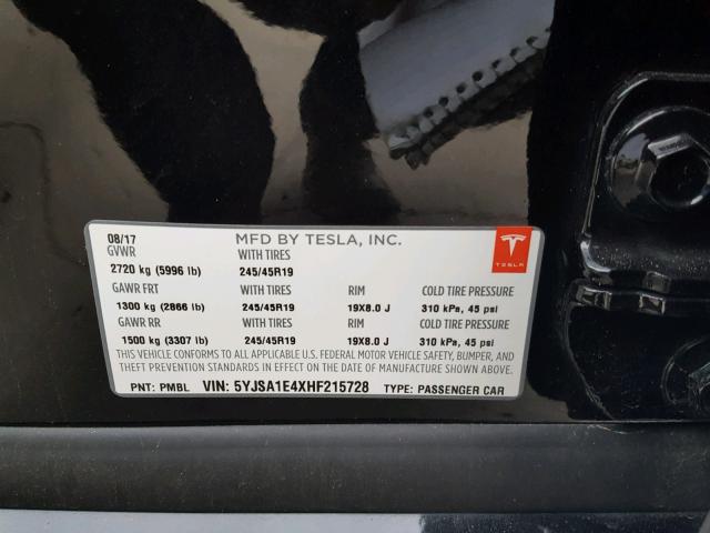 5YJSA1E4XHF215728 - 2017 TESLA MODEL S Սև լուսանկար 10