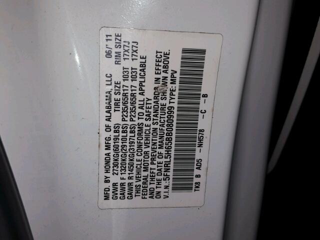 5FNRL5H65BB080999 - 2011 HONDA ODYSSEY EX WHITE photo 10