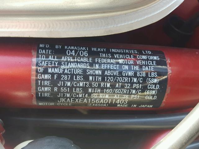 JKAEXEA156A011403 - 2006 KAWASAKI EX650 A6F 银色 照片 10
