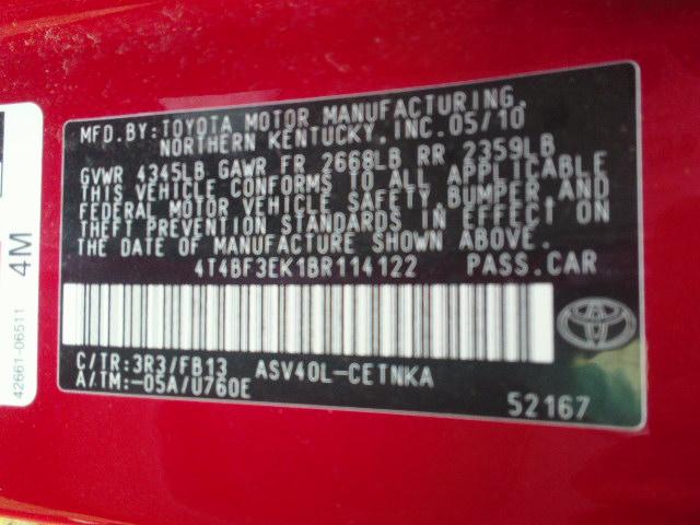 4T4BF3EK1BR114122 - 2011 TOYOTA CAMRY BASE RED photo 10
