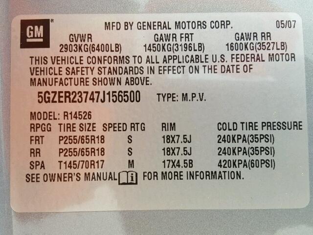 5GZER23747J156500 - 2007 SATURN OUTLOOK XR ნაცრისფერი ფოტო 10