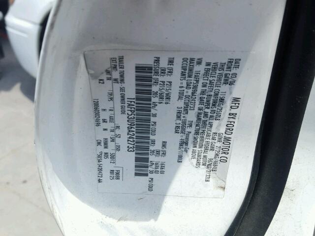 1FAFP53U96A242733 - 2006 FORD TAURUS SE WHITE photo 10