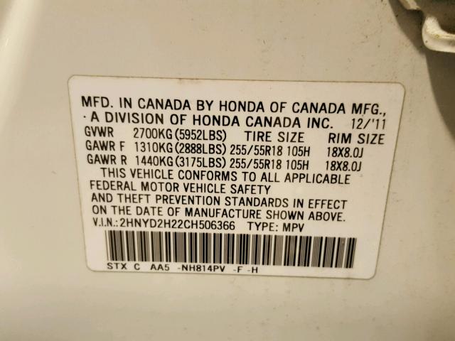 2HNYD2H22CH506366 - 2012 ACURA MDX WHITE photo 10