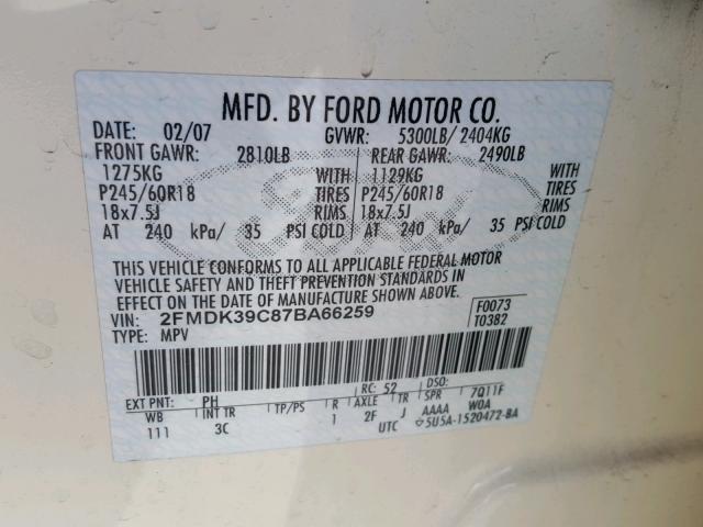 2FMDK39C87BA66259 - 2007 FORD EDGE SEL P WHITE photo 10