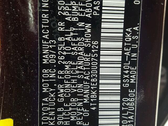 4T1BK1EB3DU075126 - 2013 TOYOTA AVALON BAS PURPLE photo 10