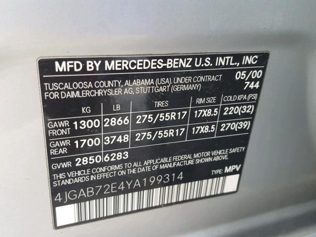 4JGAB72E4YA199314 - 2000 MERCEDES-BENZ ML 430 SILVER photo 10