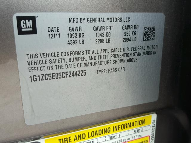 1G1ZC5E05CF244225 - 2012 CHEVROLET MALIBU 1LT ყავისფერი ფოტო 10