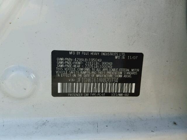 JF1GH61618H820734 - 2008 SUBARU IMPREZA WHITE photo 10