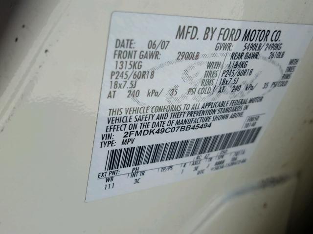 2FMDK49C07BB45494 - 2007 FORD EDGE SEL P CREAM photo 10