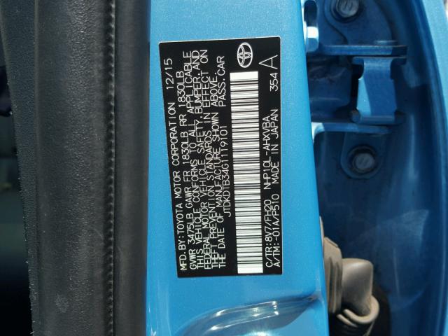 JTDKDTB34G1119101 - 2016 TOYOTA PRIUS C BLUE photo 10