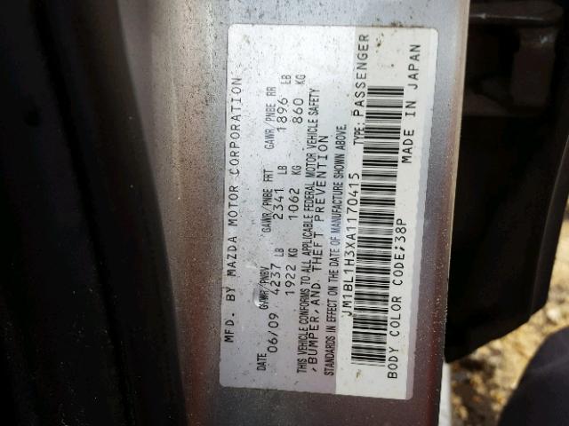 JM1BL1H3XA1170415 - 2010 MAZDA SPEED 3 GRAY photo 10